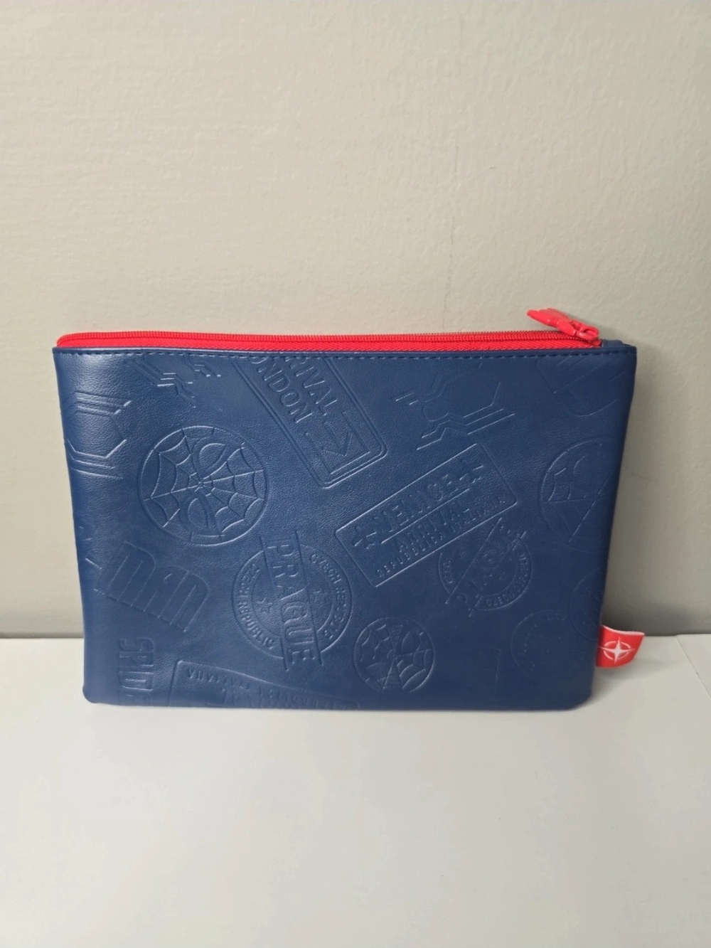 Navy Embossed Toiletry Pouch with Coral Zip